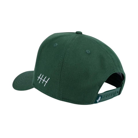 Back view of Huega House Vintage Swan Hat in Forest Green with adjustable snapback closure and green mesh back panels