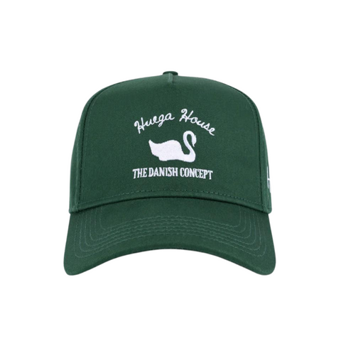 Front view of Huega House Vintage Swan Hat in Forest Green featuring a retro swan patch on a structured crown with a matching curved brim