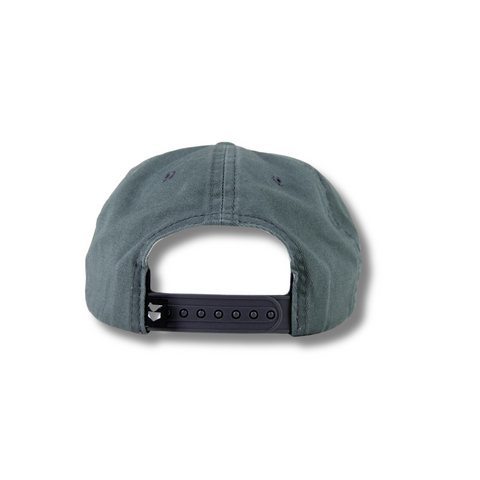 Back of Jetty Throwback Hat in slate with adjustable snapback closure and tonal mesh paneling