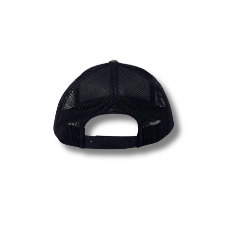 Back view of Local Stated Retro Pine Hat in Heather Grey and Navy with adjustable snapback closure and white mesh paneling