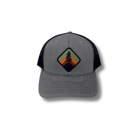 Front view of Local Stated Retro Pine Hat in Heather Grey and Navy featuring a vintage-style pine tree patch on a structured grey crown with a navy brim