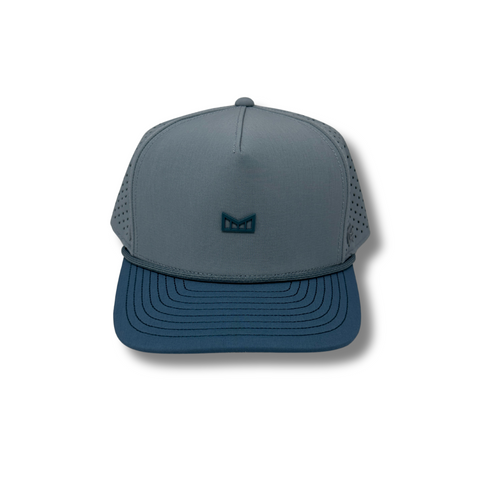 Front view of Melin Hydro Odyssey Rope Bulls Icon Hat in Blue Horizon and Pacific Ocean featuring a bold Bulls icon patch, performance rope detail, and structured crown