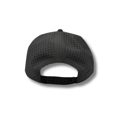 Back view of Melin Hydro Odyssey Rope Hat in Charcoal and Black with laser-perforated paneling and adjustable strap for secure fit
