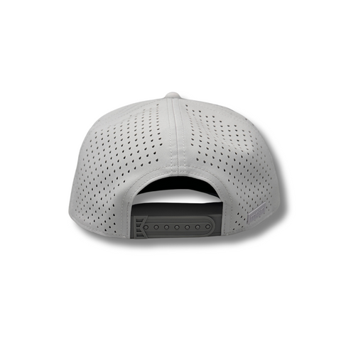 Back view of Melin Hydro Odyssey Rope Hat in White and Grey with adjustable strap and laser-perforated paneling for ventilation