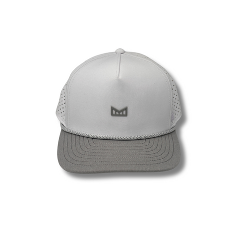Front view of Melin Hydro Odyssey Rope Bulls Icon Hat in White and Grey featuring a structured crown, embroidered Bulls icon patch, and performance rope detail