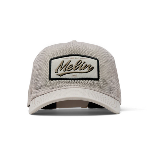 Front view of Melin Odysea Mac Retro Hydro Hat in Moon featuring a structured crown, soft heathered fabric, and retro-inspired Melin patch