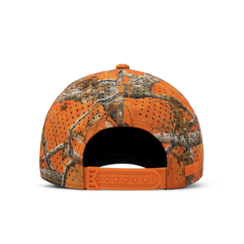 Back view of Melin Odyssey Real Tree Hydro in Neon Camo with adjustable strap and laser-perforated mesh for breathability
