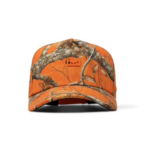 Front view of Melin Odyssey Real Tree Hydro Hat in Neon Camo featuring a structured crown, high-contrast camo pattern, and signature Melin logo patch