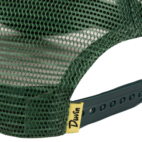 Back of the Miss Trucker Hat in green featuring adjustable snapback closure and mesh detail