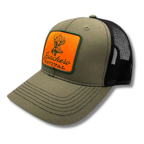 Side view of Ranchero Revival Buck Trucker Hat in olive and black showing mesh back and curved brim