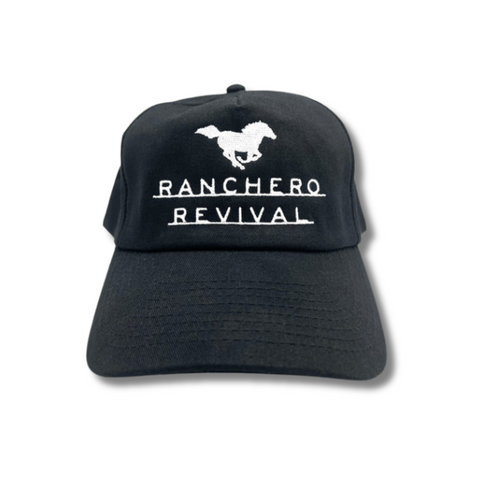 Front view of Ranchero Revival Gallop Hat in black featuring embroidered galloping horse patch on structured front panel