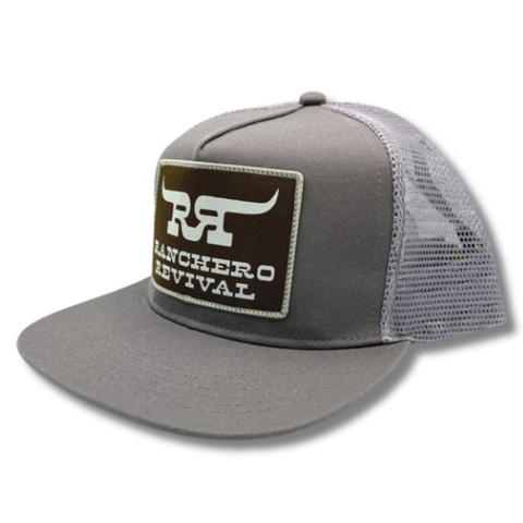 Side view of gray Ranchero Revival Longhorn Trucker Hat showing curved brim and breathable mesh back