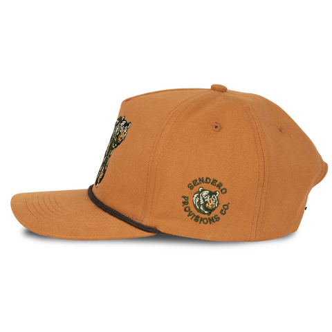 Close-up of the detailed bear embroidery and crown stitching on the Sendero Bear Hat