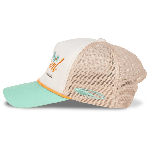 Side view of cream and teal Sendero Coastal Cowgirl Hat highlighting curved brim – Topit
