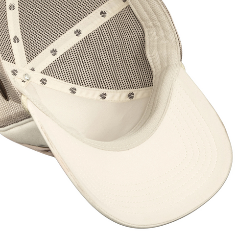 Flat lay of Sendero Coastal Cowgirl Hat in cream and brown highlighting front patch, contrast brim, and western-inspired style