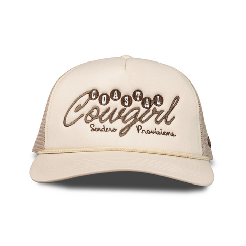 Front view of Sendero Coastal Cowgirl Hat in cream and brown featuring a curved brim, structured crown, and bold embroidered patch