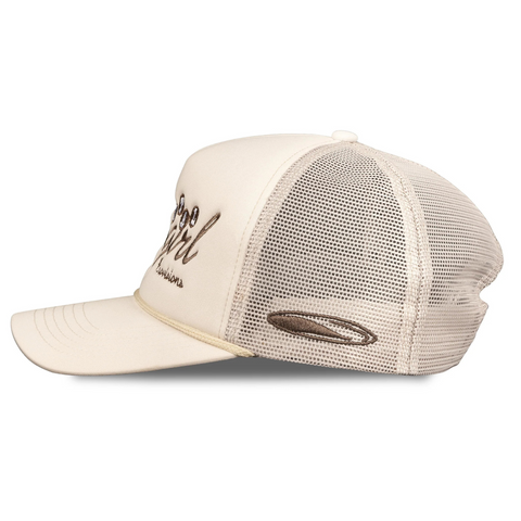 Side view of Sendero Coastal Cowgirl Hat in cream/brown showing curved brim and two-tone color block design