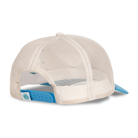 Back of Sendero Coastal Cowgirl Hat in white and blue with adjustable snapback closure and contrast mesh panels