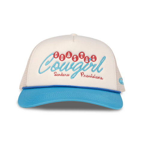 Front view of Sendero Coastal Cowgirl Hat in white and blue featuring a structured crown, curved brim, and embroidered Coastal Cowgirl patch
