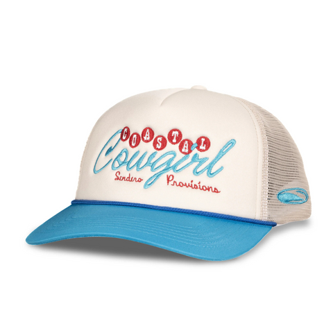 Side view of Sendero Coastal Cowgirl Hat in white/blue showing two-tone color block design and breathable mesh backing