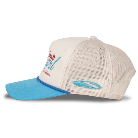 Side view of Sendero Coastal Cowgirl Hat in white/blue showing two-tone color block design and breathable mesh backing
