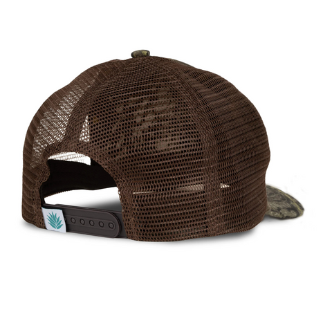 Back of Sendero Country Store Hat in camo with adjustable snapback closure and tan mesh construction