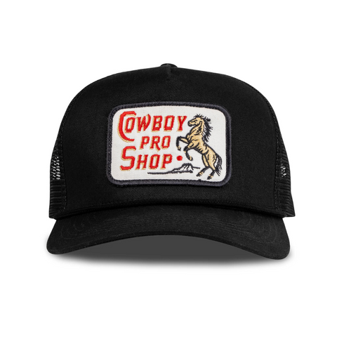 Front view of Sendero Cowboy Pro Shop Hat in Black featuring an embroidered retro-style Cowboy Pro Shop patch on a structured crown with a curved brim