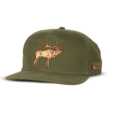 Side view of Sendero Elk Hat in green showing contrast mesh back, curved brim, and relaxed trucker-style fit
