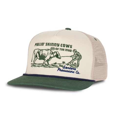 Side view of Sendero Skinny Cows Hat in Cream/Green showing breathable mesh paneling and contrast green brim