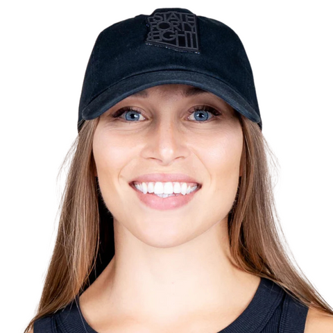 Front view of State Forty Eight Dad Hat Classic in Black & Black featuring tonal embroidered logo on a soft, unstructured crown with matching black curved brim