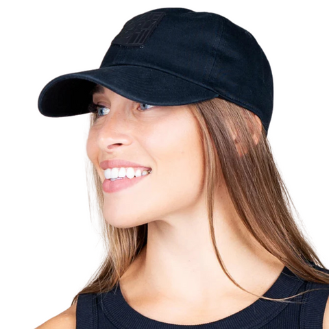 Side view of State Forty Eight Dad Hat Classic in Black & Black showing low-profile fit and curved brim in solid black