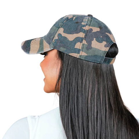 Back view of State Forty Eight Dad Hat Classic in Camo & Cream with adjustable strap and metal buckle
