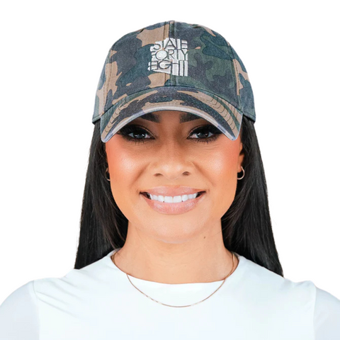 Front view of State Forty Eight Dad Hat Classic in Camo & Cream featuring embroidered logo on a low-profile unstructured camo crown with cream brim