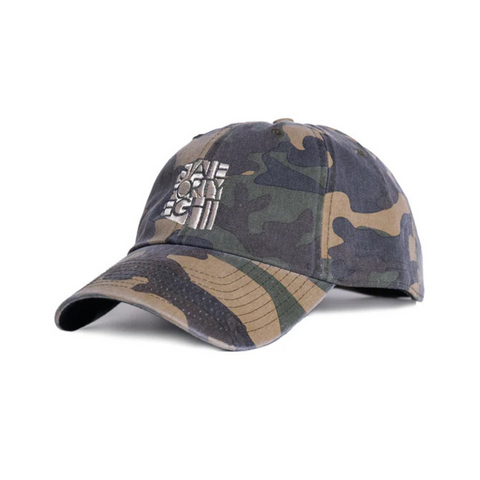 Side view of State Forty Eight Dad Hat Classic in Camo & Cream showing curved cream brim and camo-printed crown
