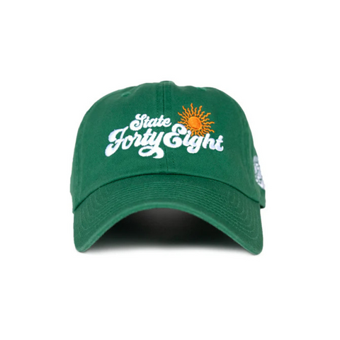 Front view of State Forty Eight Dad Hat Sunny in Kelly Green featuring an embroidered sunshine graphic on a soft, unstructured crown