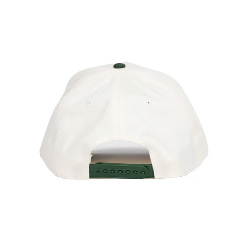 Back view of State Forty Eight "Hey Friend!" Snapback in Natural & Forest with adjustable snapback closure and mesh paneling