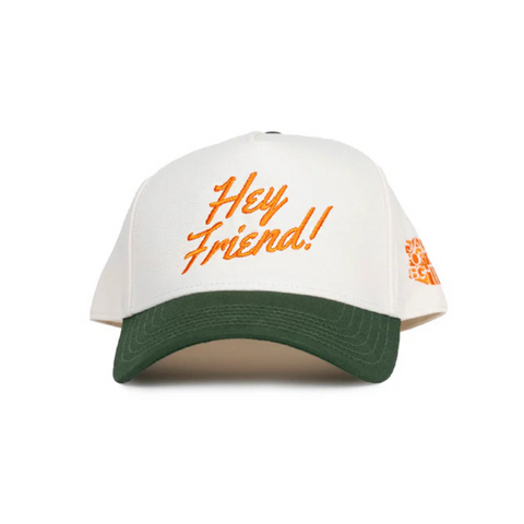 Front view of State Forty Eight "Hey Friend!" Frame Snapback in Natural & Forest featuring embroidered text patch on a structured crown