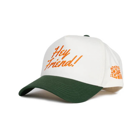 Side view of State Forty Eight Frame Snapback in Natural & Forest showing curved forest green brim and two-tone crown