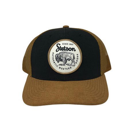 Front view of the Stetso Bison Patch Hat featuring a bold embroidered bison graphic patch on the structured crown.