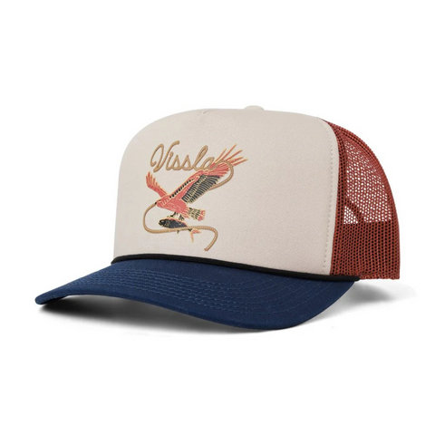 Front view of Vissla Garage Foam Trucker Hat in Red featuring a bold Vissla logo patch on a structured foam front panel with a curved brim