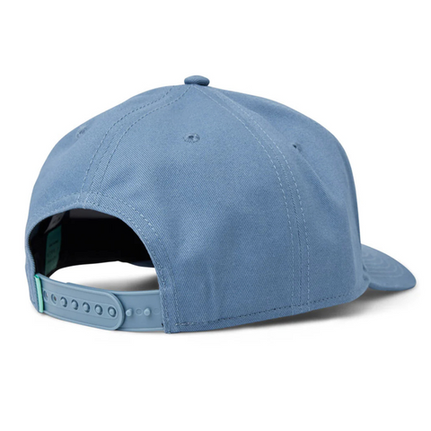 Back view of Vissla Seven Hat in Blue Slate with adjustable snapback closure and matching blue fabric panels