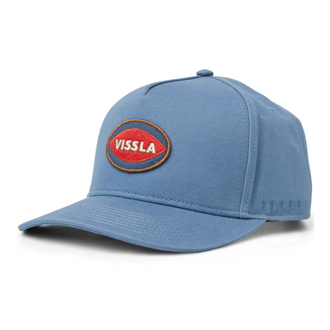 Front view of Vissla Seven Hat in Blue Slate featuring a clean embroidered Vissla “7” logo on a structured crown with a curved brim