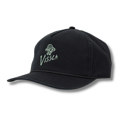 Front view of Vissla Signature Hat in Black featuring an embroidered Vissla logo on a structured crown with a clean curved brim