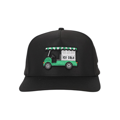 Front view of Waggle Bev Cart Hat featuring an embroidered beverage cart graphic on a structured crown with a curved brim
