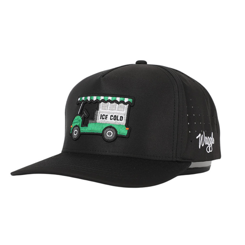 Side view of Waggle Bev Cart Hat showing mid-profile fit, curved visor, and breathable mesh side panels