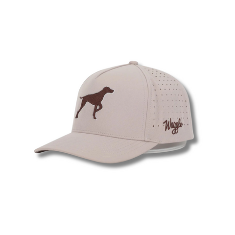 Front view of Waggle Bird Dog Hat featuring an embroidered hunting dog holding a golf flag in its mouth on a structured five-panel crown