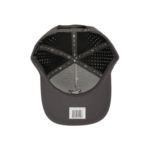 Flat lay of Waggle Sasquatch Hat in Grey highlighting the embroidered Sasquatch graphic, structured crown, and polyester-spandex blend fabric