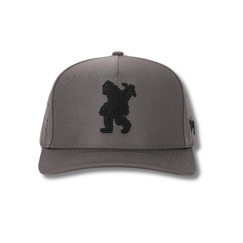 Front view of Waggle Sasquatch Hat in Grey featuring a detailed embroidered Sasquatch swinging a golf club on a structured five-panel crown