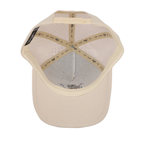 Flat lay of Waggle Snapper Hat highlighting embroidered fish golf graphic, curved visor, and moisture-wicking performance fabric