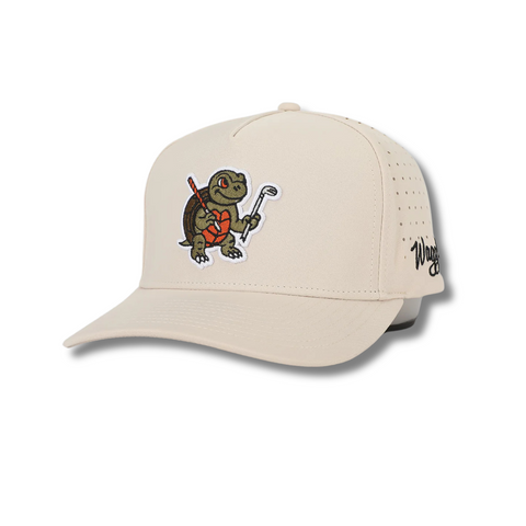 Front view of Waggle Snapper Hat featuring an embroidered fish swinging a golf club on a structured five-panel crown with a curved brim